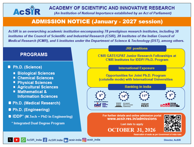 Cover Image of AcSIR Admission Notice (January - 2027 session)